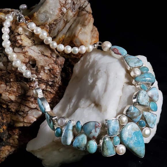 GG Unique Jewelry Jewelry - Genuine Larimar Pearls Silver necklace